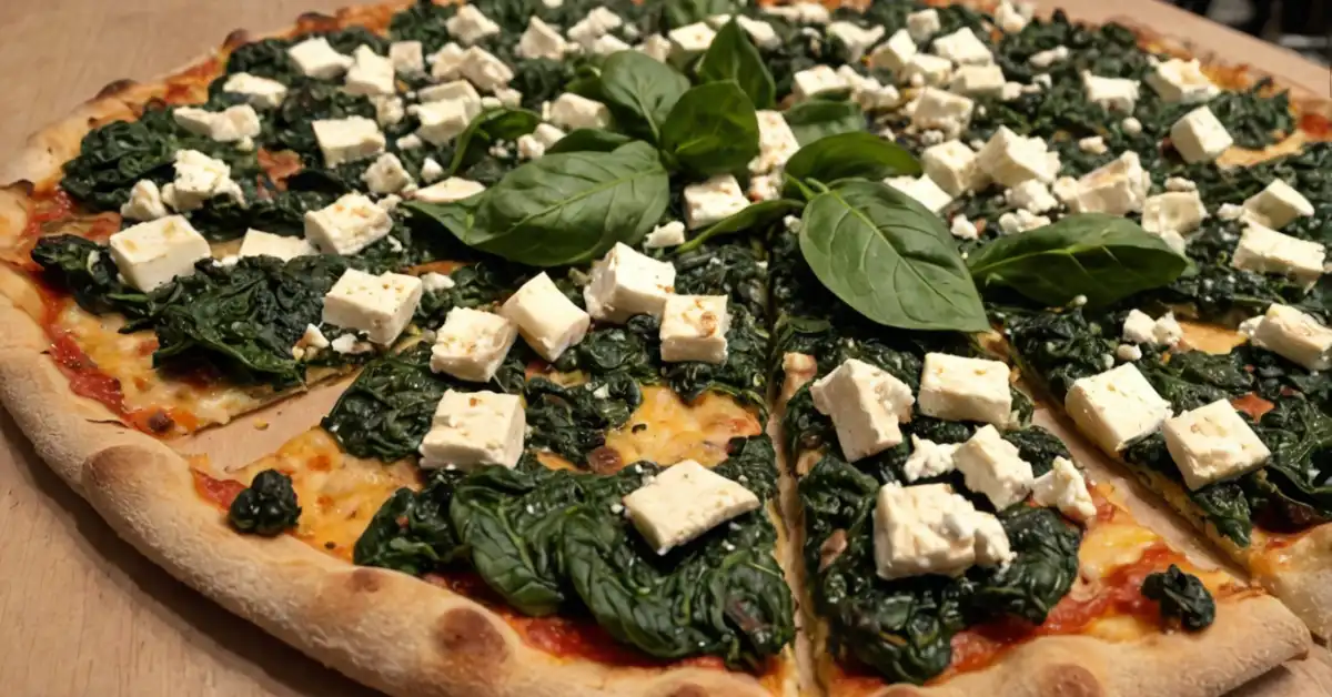 spinach and feta pizza served fresh on a rustic board