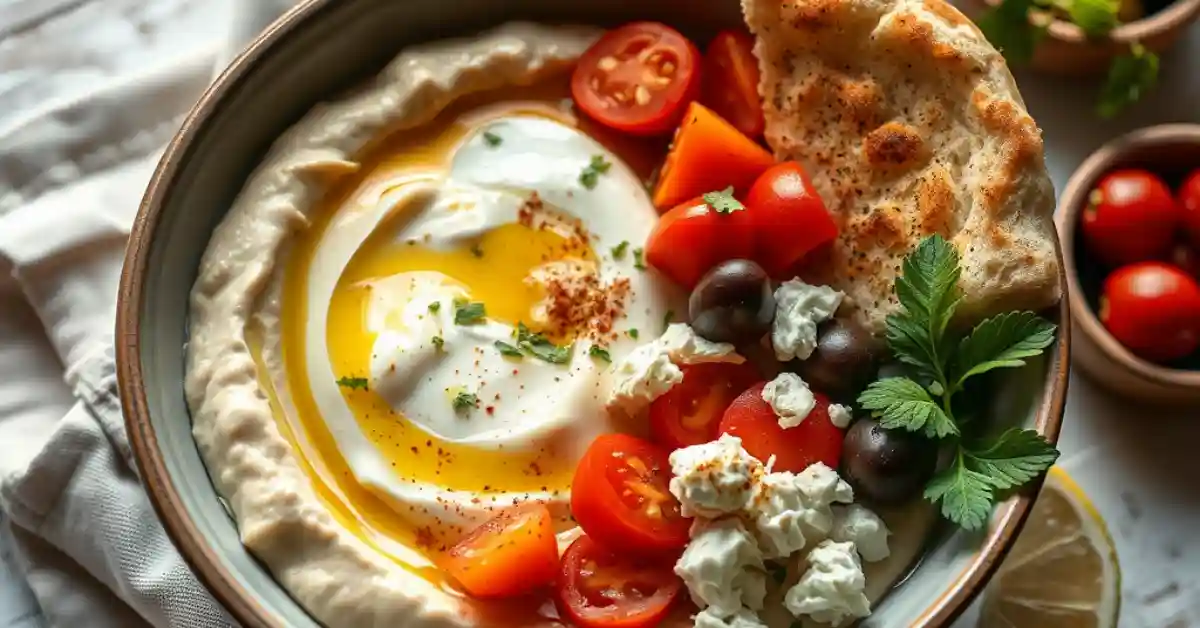 Mediterranean breakfast bowl with hummus, fresh vegetables, feta cheese, olives, soft-boiled egg, and warm pita bread, drizzled with olive oil and herbs.