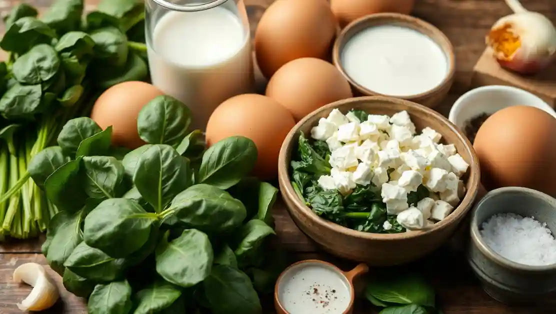 spinach-feta-ingredients fresh spinach and feta cheese ingredients for quiche