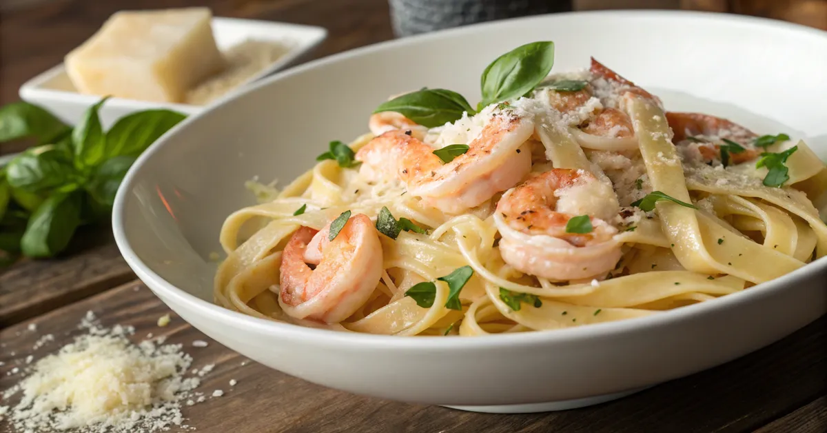 Creamy shrimp Alfredo pasta with fresh basil and Parmesan cheese in white bowl