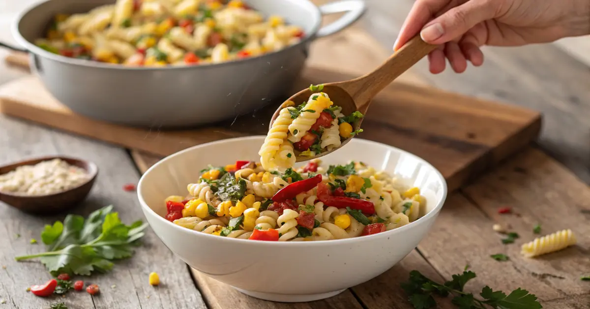 Hands mixing elote pasta salad showing the colorful combination of ingredients