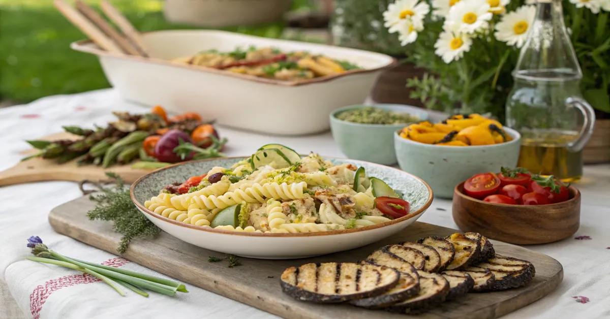 Dill pickle pasta salad served family-style for outdoor entertaining