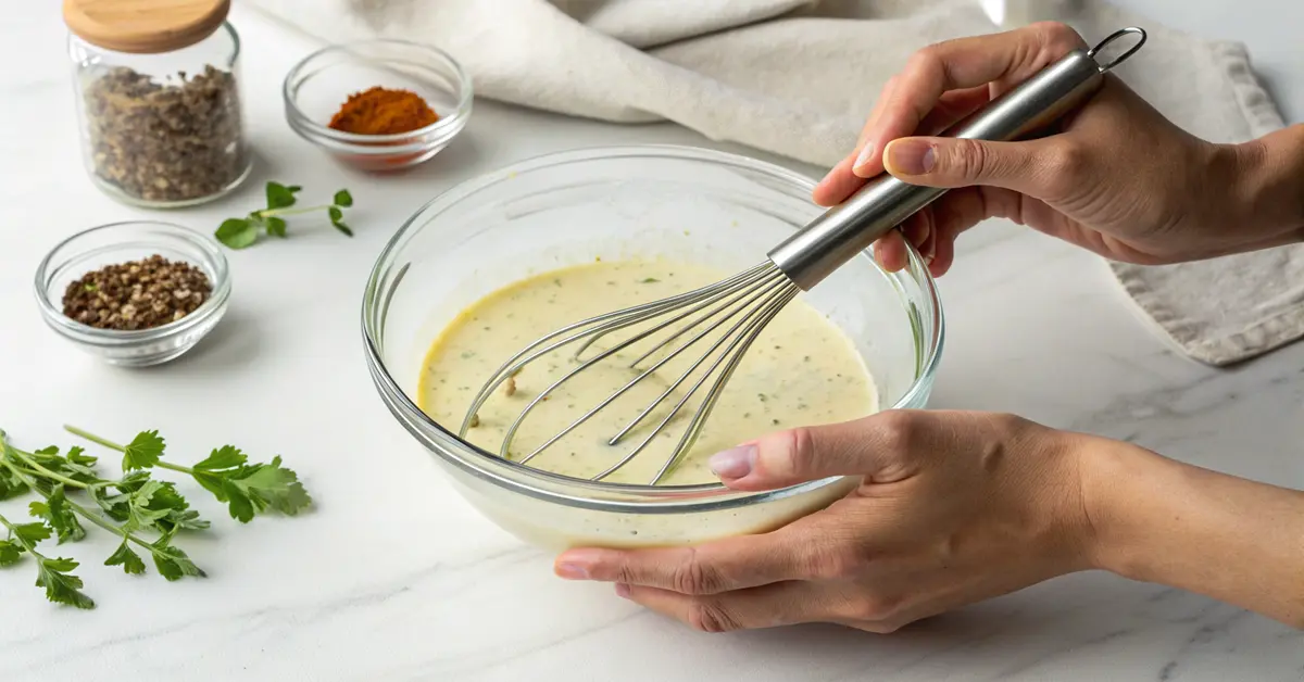  Making homemade Olive Garden dressing for pasta salad with whisk in glass bowl 
