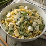 Creamy dill pickle pasta salad in white bowl with visible pickle pieces and cheese cubes