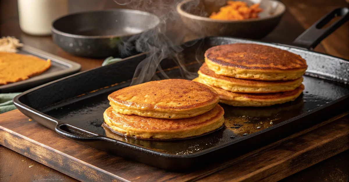 Perfectly cooked golden-brown sweet potato pancakes on griddle