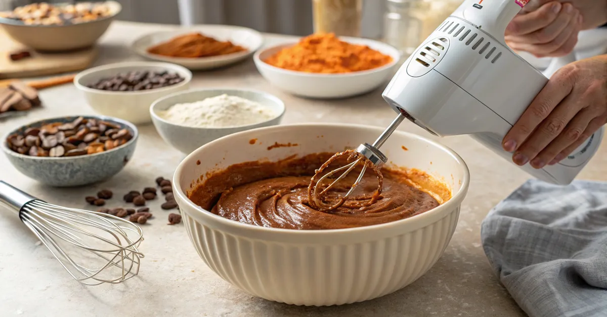 Beating sweet potato brownies batter to perfect smoothness with electric mixer