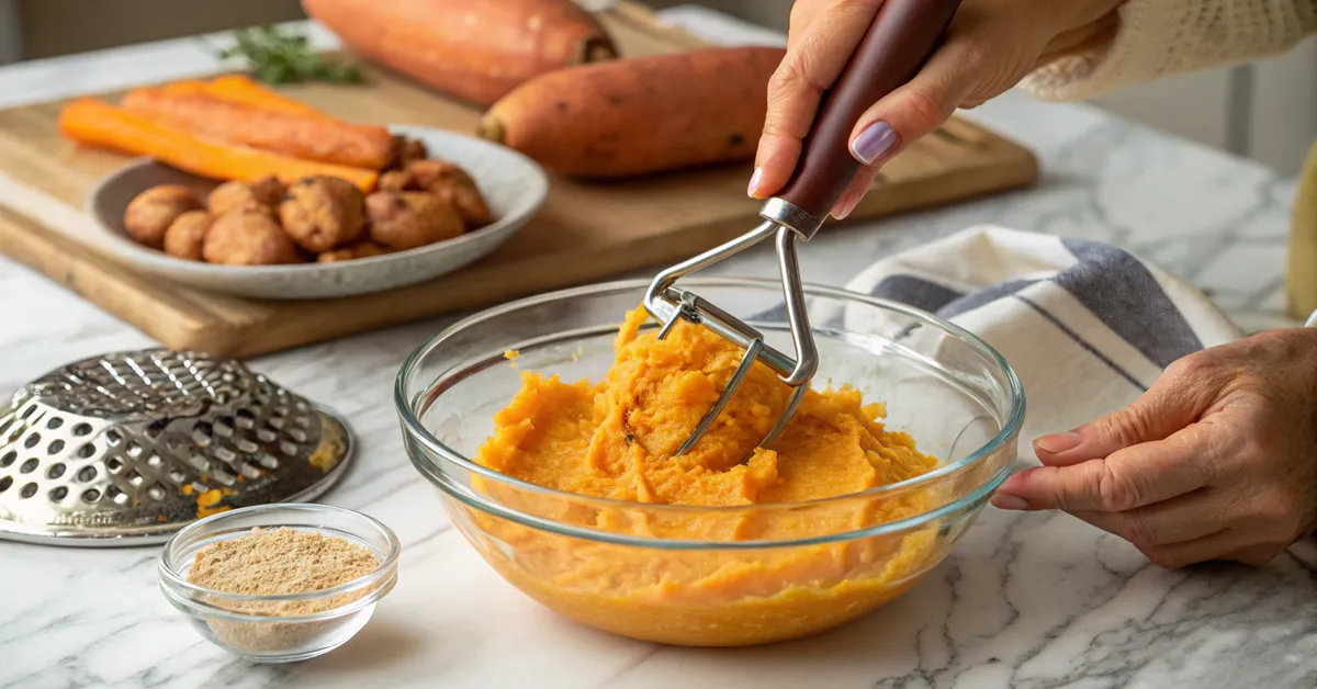 Mashing roasted sweet potatoes to perfect smoothness for pancakes