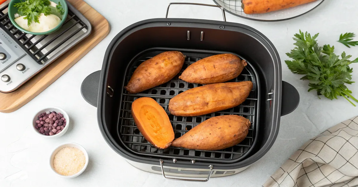 Sweet potatoes properly spaced in air fryer basket for even cooking
