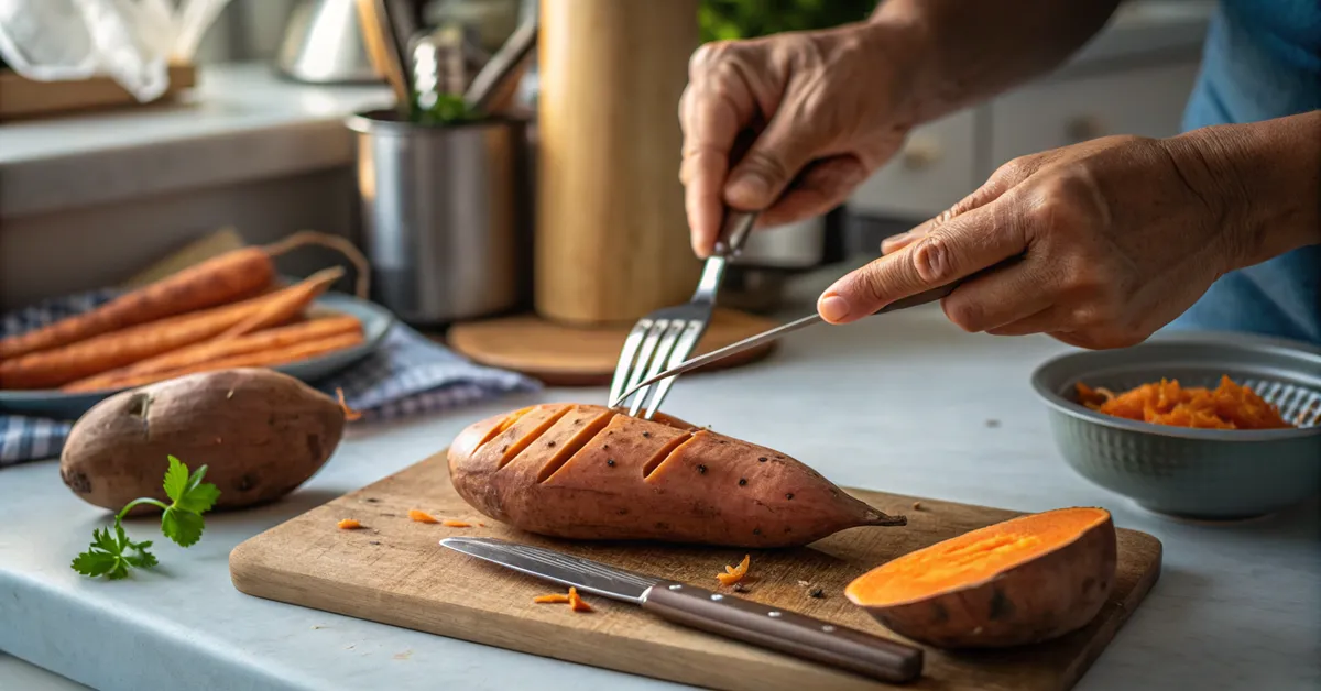 Piercing sweet potato with fork to prevent bursting in air fryer